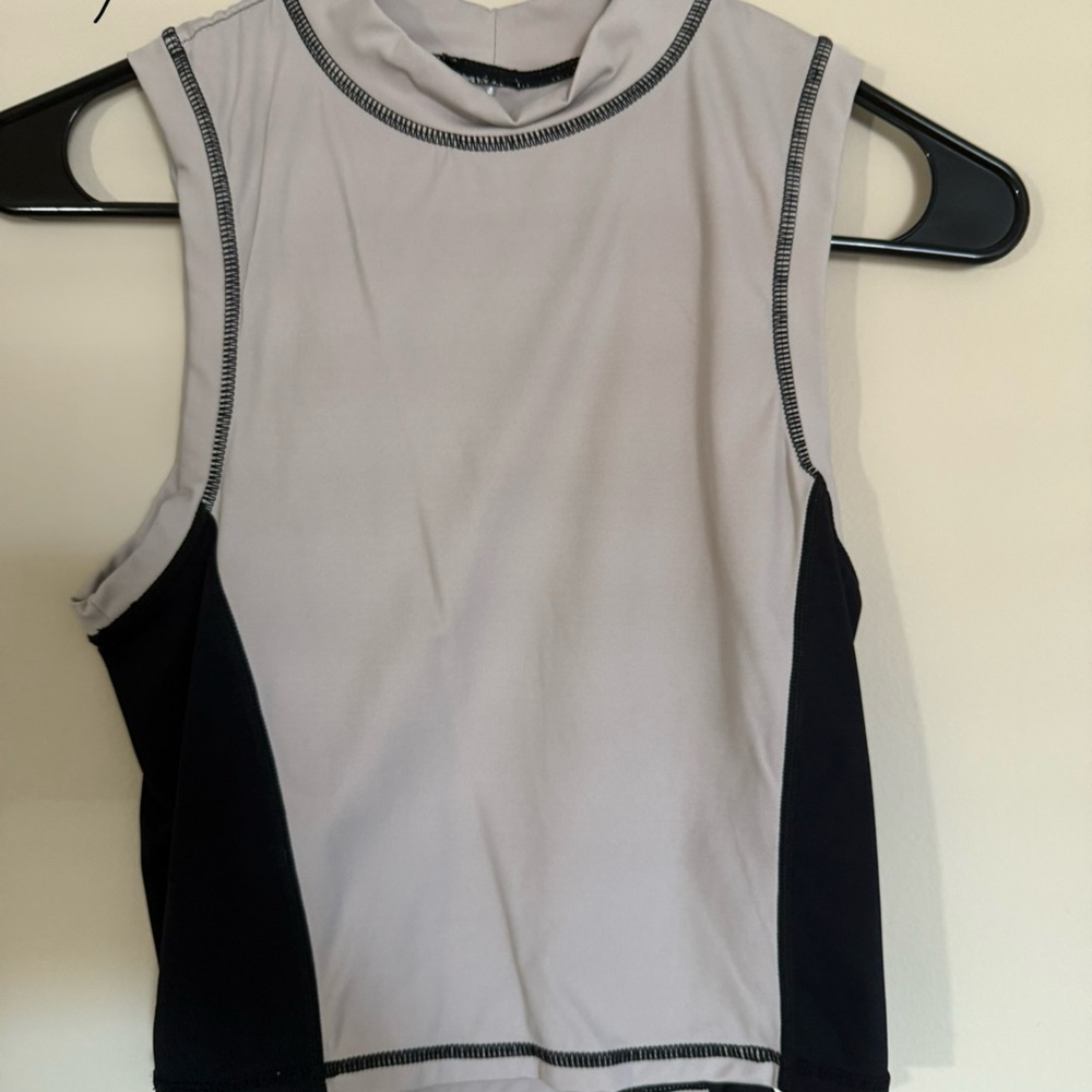 Fabletics Silver and Black Crop Fitted Tank Top with Mandarin Collar